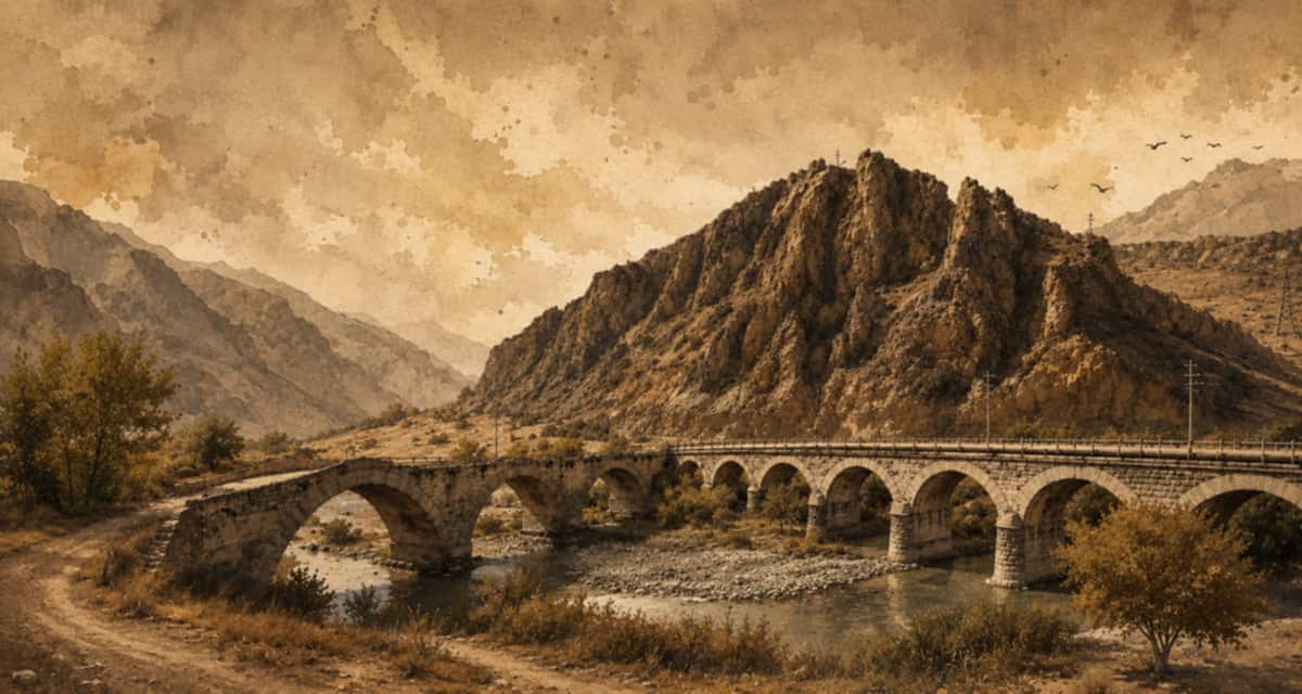 Divriği'nin taş kemerli köprüsünü, Çaltı Vadisi'ni ve dağ silüetini gösteren sepya tonlu illüstrasyon