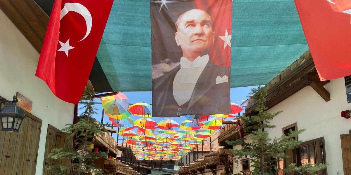 Renkli şemsiyeler ve bayraklar altında Hüma Hatun Sokağı çarşısı, Divriği