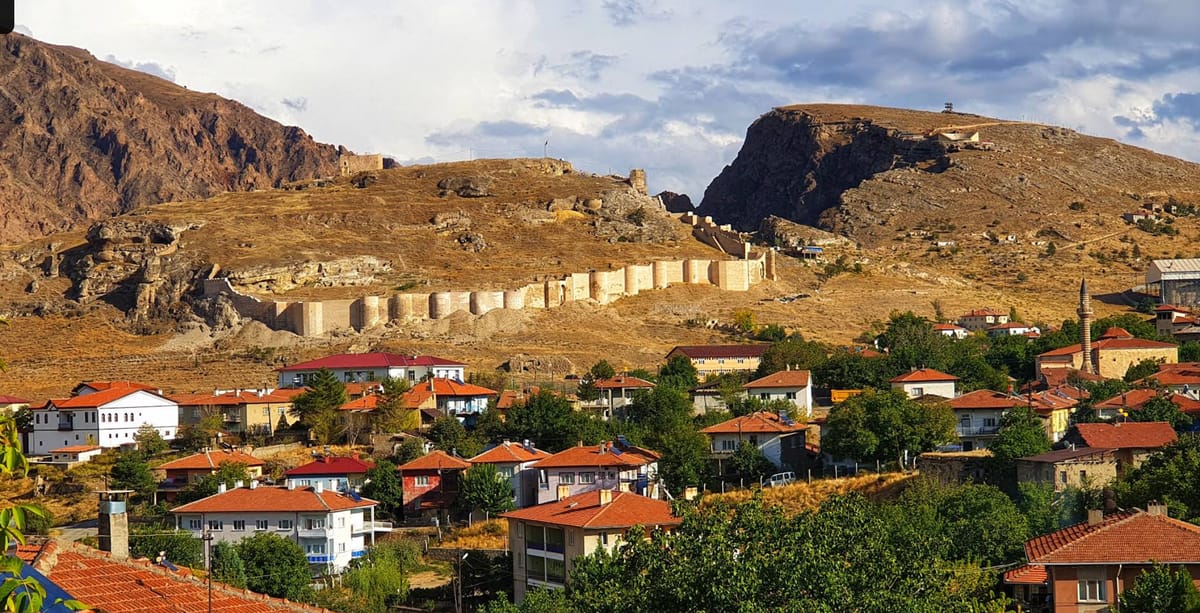 Wide view of Divriği Castle, the opposite rise, walls and settlement