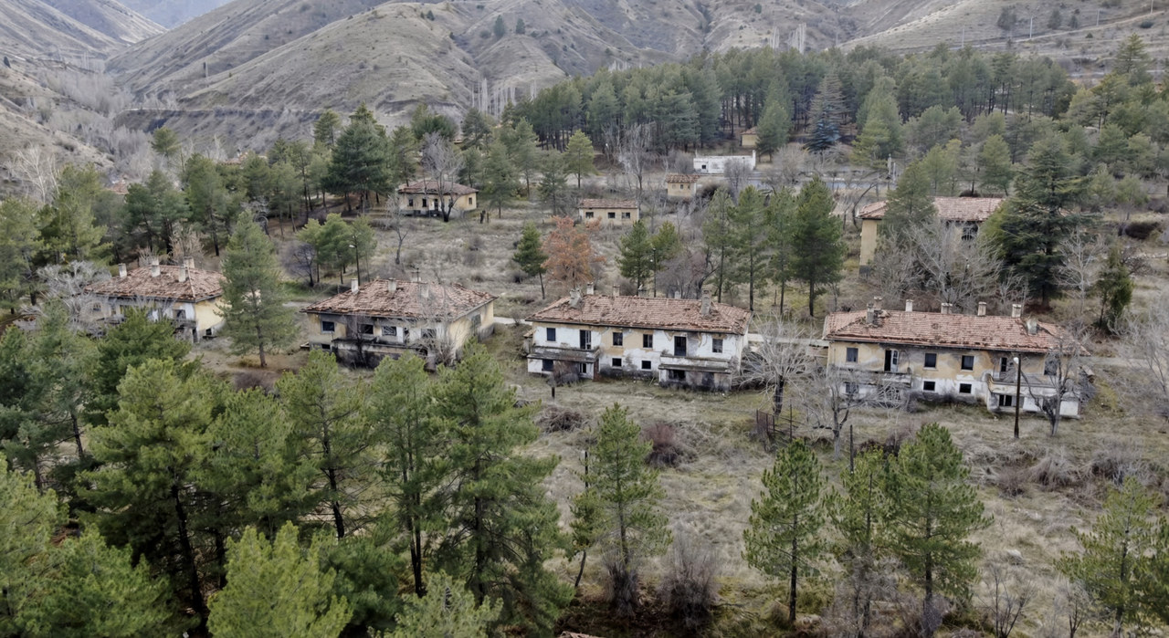 Çamların arasında yamaç boyunca sıralanan evler