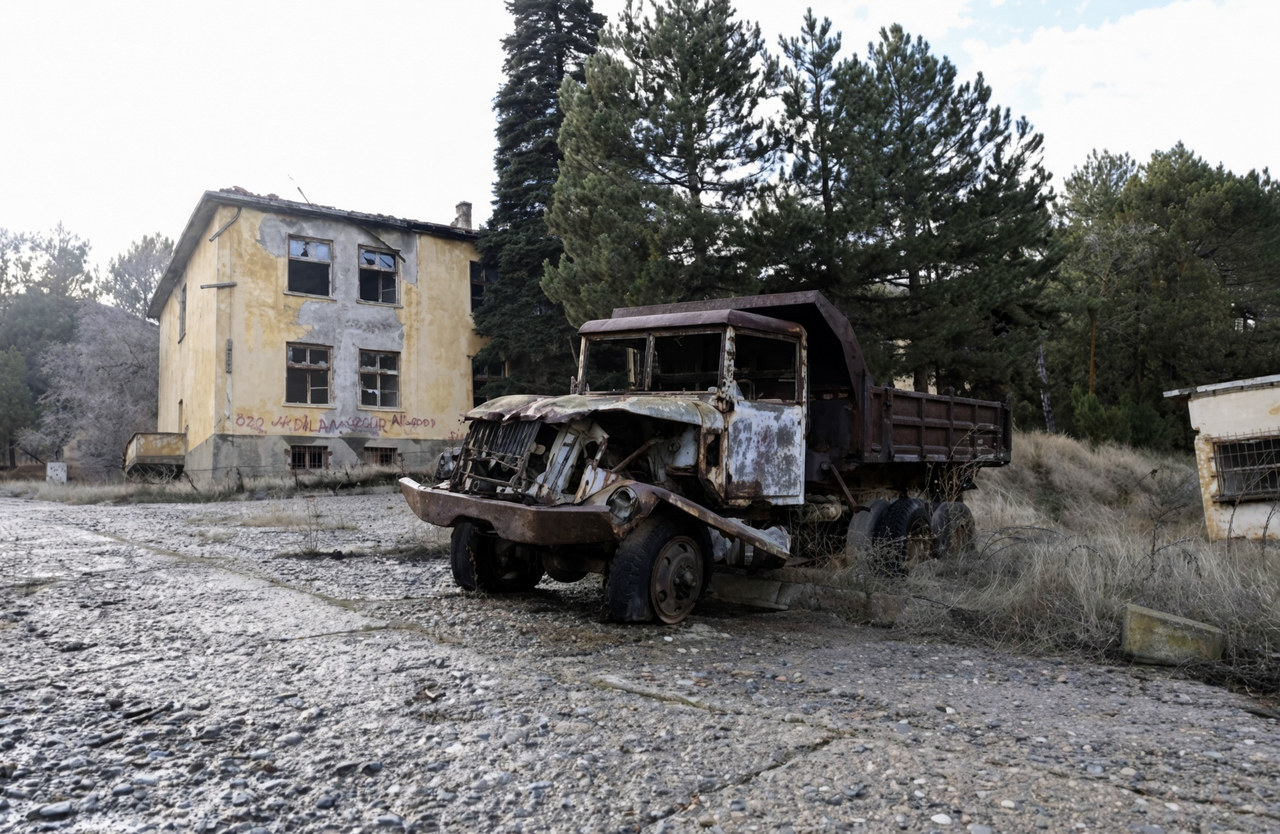 İki katlı bir binanın önünde paslanmış bir damperli kamyon