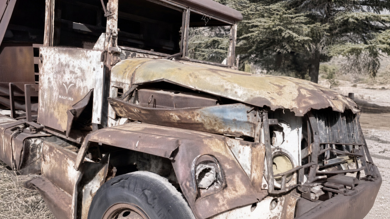 Kaputu ve kabini ezilmiş, paslanmış bir kamyon